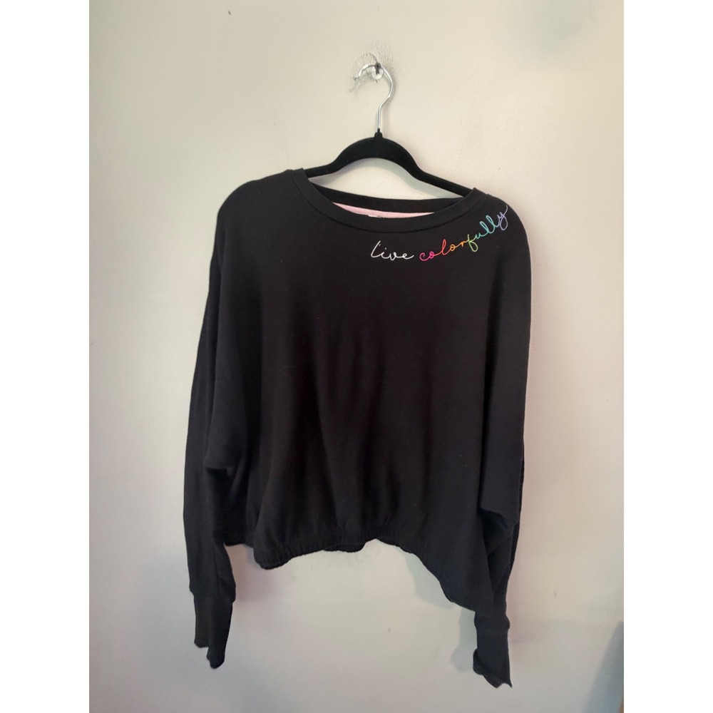 Cabana by Crown & Ivy Live Colorfully Rainbow Embroidered Sweatshirt Black L